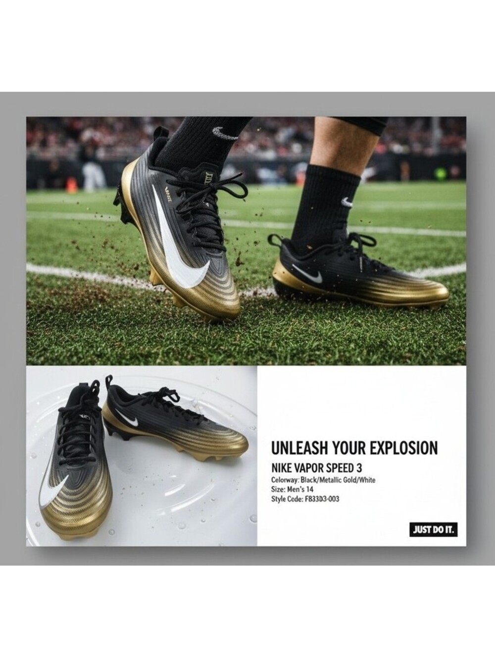 Nike Vapor Speed 3 Men's 14 NWOT Football Cleats Black Metallic Gold FB3303-003